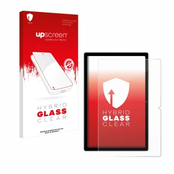 Parte frontal de un envase de producto con el logotipo de la marca upscreen. Al lado se muestra el dispositivo Blackview Tab 1