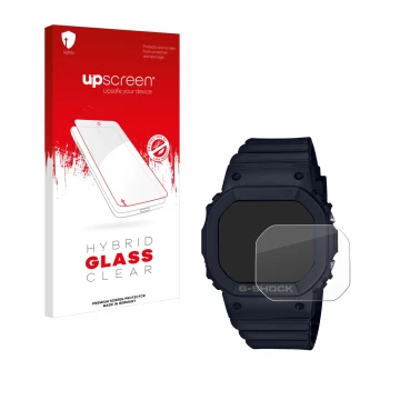Parte frontal de un envase de producto con el logotipo de la marca upscreen. Al lado se muestra el dispositivo Casio G-Shock G