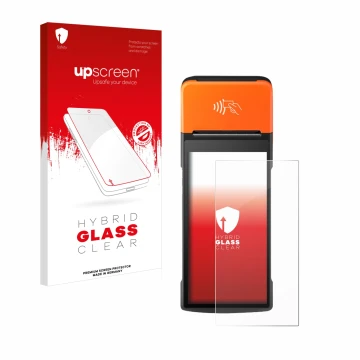 Parte frontal de un envase de producto con el logotipo de la marca upscreen. Al lado se muestra el dispositivo Sunmi V2 Pro co