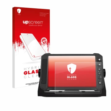 Parte frontal de un envase de producto con el logotipo de la marca upscreen. Al lado se muestra el dispositivo Lowrance Elite 