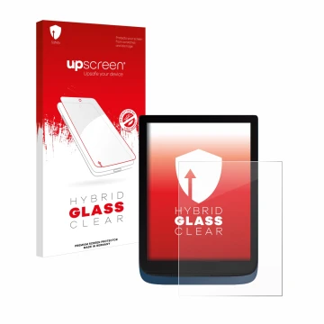 Parte frontal de un envase de producto con el logotipo de la marca upscreen. Al lado se muestra el dispositivo Vivlio InkPad 3