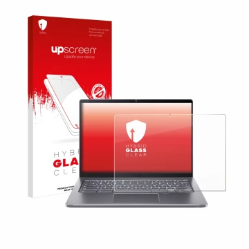 Parte frontal de un envase de producto con el logotipo de la marca upscreen. Al lado se muestra el dispositivo Acer Chromebook