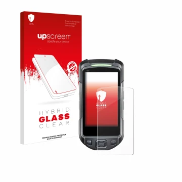 Parte frontal de un envase de producto con el logotipo de la marca upscreen. Al lado se muestra el dispositivo Keyence BT-A700