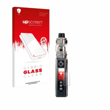 Parte frontal de un envase de producto con el logotipo de la marca upscreen. Al lado se muestra el dispositivo Voopoo Drag M10