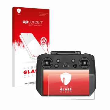 Parte frontal de un envase de producto con el logotipo de la marca upscreen. Al lado se muestra el dispositivo DJI Mavic 3 RC 