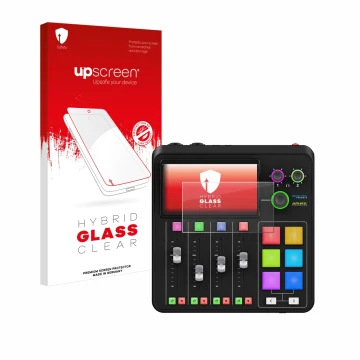 Parte frontal de un envase de producto con el logotipo de la marca upscreen. Al lado se muestra el dispositivo Rode Rodecaster