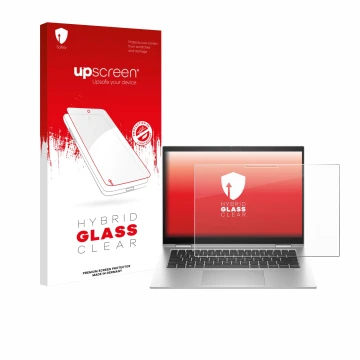 Parte frontal de un envase de producto con el logotipo de la marca upscreen. Al lado se muestra el dispositivo HP EliteBook x3
