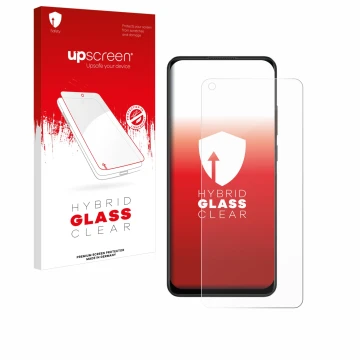 Parte frontal de un envase de producto con el logotipo de la marca upscreen. Al lado se muestra el dispositivo Oppo A78 4G con