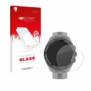 Parte frontal de un envase de producto con el logotipo de la marca upscreen. Al lado se muestra el dispositivo Garmin Approach
