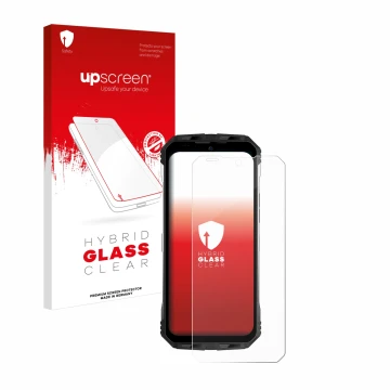 Parte frontal de un envase de producto con el logotipo de la marca upscreen. Al lado se muestra el dispositivo Doogee S100 Pro