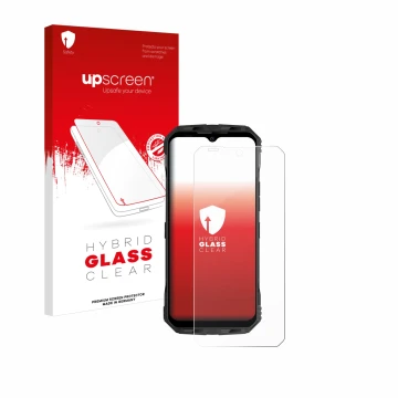 Parte frontal de un envase de producto con el logotipo de la marca upscreen. Al lado se muestra el dispositivo Doogee V Max co