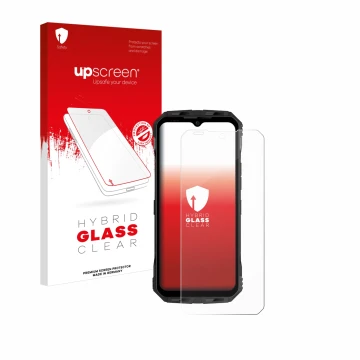 Parte frontal de un envase de producto con el logotipo de la marca upscreen. Al lado se muestra el dispositivo Doogee V30 con 