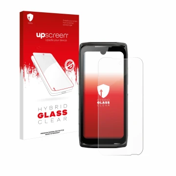 Parte frontal de un envase de producto con el logotipo de la marca upscreen. Al lado se muestra el dispositivo Crosscall Core-