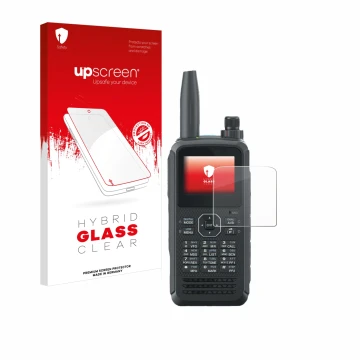 Parte frontal de un envase de producto con el logotipo de la marca upscreen. Al lado se muestra el dispositivo Kenwood TH-D75E