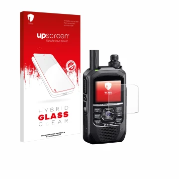 Parte frontal de un envase de producto con el logotipo de la marca upscreen. Al lado se muestra el dispositivo Icom ID-50E con