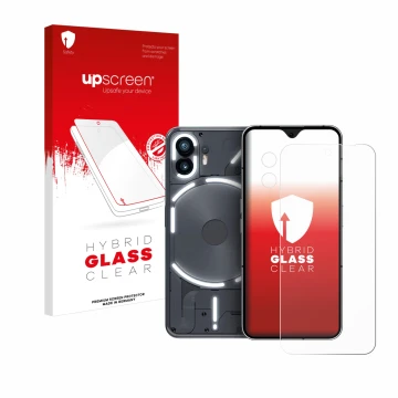 Parte frontal de un envase de producto con el logotipo de la marca upscreen. Al lado se muestra el dispositivo Nothing Phone (