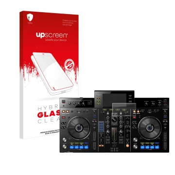 Parte frontal de un envase de producto con el logotipo de la marca upscreen. Al lado se muestra el dispositivo Pioneer XDJ-RX 
