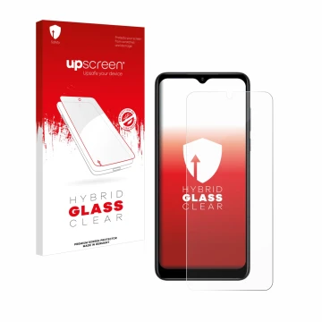 Parte frontal de un envase de producto con el logotipo de la marca upscreen. Al lado se muestra el dispositivo ZTE Blade V50 D