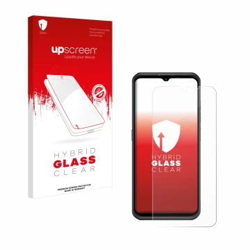 Parte frontal de un envase de producto con el logotipo de la marca upscreen. Al lado se muestra el dispositivo Ulefone Armor 1