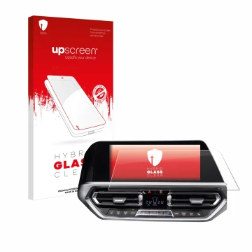 Parte frontal de un envase de producto con el logotipo de la marca upscreen. Al lado se muestra el dispositivo BMW 3 G20 2020 
