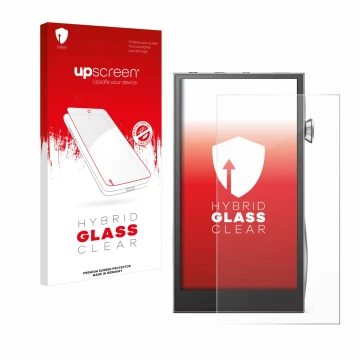Parte frontal de un envase de producto con el logotipo de la marca upscreen. Al lado se muestra el dispositivo Astell&Kern A&f