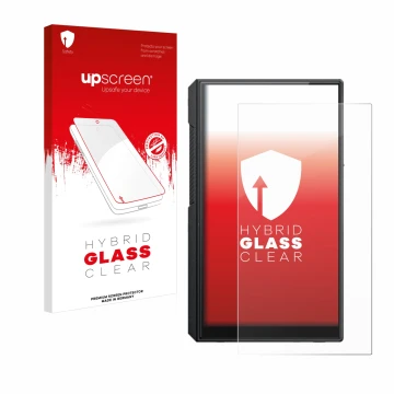 Parte frontal de un envase de producto con el logotipo de la marca upscreen. Al lado se muestra el dispositivo FiiO M11s con s