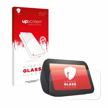 Parte frontal de un envase de producto con el logotipo de la marca upscreen. Al lado se muestra el dispositivo Amazon Echo Sho