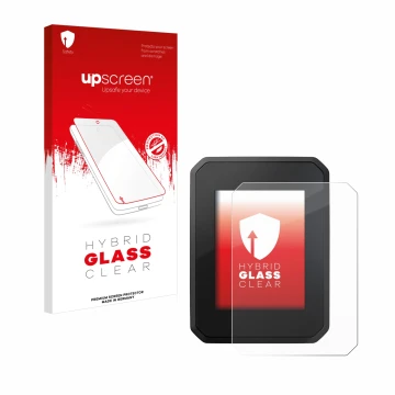 Parte frontal de un envase de producto con el logotipo de la marca upscreen. Al lado se muestra el dispositivo FIT Display Com
