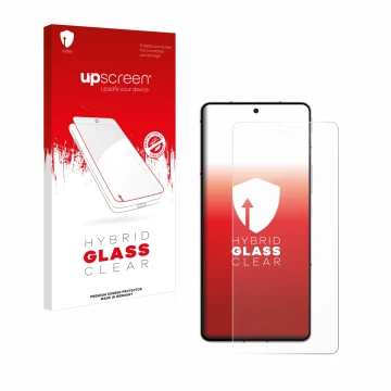 Parte frontal de un envase de producto con el logotipo de la marca upscreen. Al lado se muestra el dispositivo ZTE Nubia Z50S 