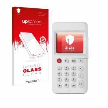 Parte frontal de un envase de producto con el logotipo de la marca upscreen. Al lado se muestra el dispositivo myPOS Go 2 con 