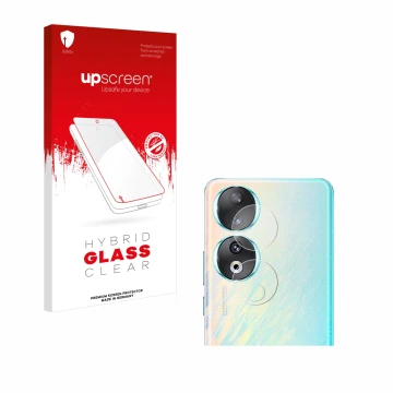 Parte frontal de un envase de producto con el logotipo de la marca upscreen. Al lado se muestra el dispositivo Honor 90 (SÓLO 