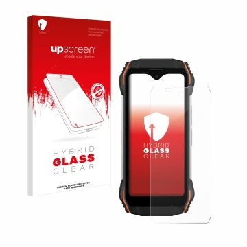 Parte frontal de un envase de producto con el logotipo de la marca upscreen. Al lado se muestra el dispositivo Blackview N6000