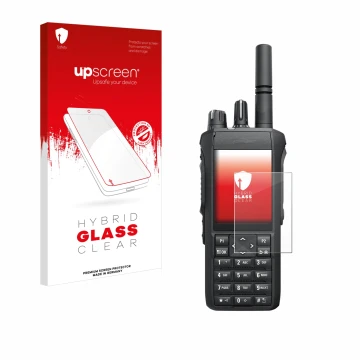 Parte frontal de un envase de producto con el logotipo de la marca upscreen. Al lado se muestra el dispositivo Motorola Mototr