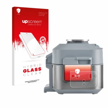 Parte frontal de un envase de producto con el logotipo de la marca upscreen. Al lado se muestra el dispositivo Ninja Speedi Ra