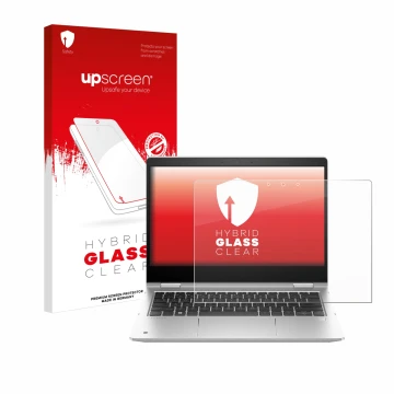 Parte frontal de un envase de producto con el logotipo de la marca upscreen. Al lado se muestra el dispositivo HP ProBook x360