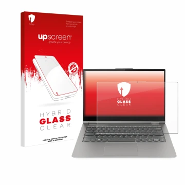Parte frontal de un envase de producto con el logotipo de la marca upscreen. Al lado se muestra el dispositivo Lenovo ThinkBoo
