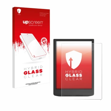 Parte frontal de un envase de producto con el logotipo de la marca upscreen. Al lado se muestra el dispositivo PocketBook InkP