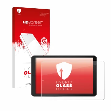 Parte frontal de un envase de producto con el logotipo de la marca upscreen. Al lado se muestra el dispositivo Garmin Camper 8