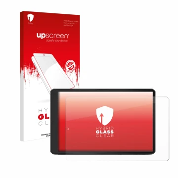 Parte frontal de un envase de producto con el logotipo de la marca upscreen. Al lado se muestra el dispositivo Garmin Camper 1