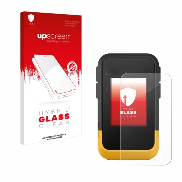 Parte frontal de un envase de producto con el logotipo de la marca upscreen. Al lado se muestra el dispositivo Garmin eTrex SE