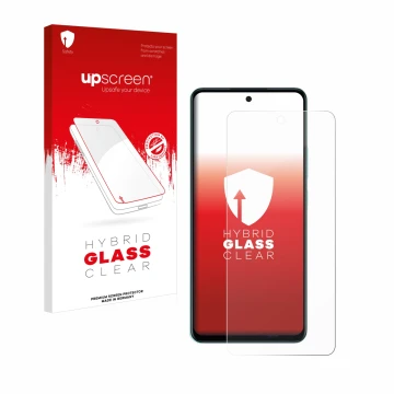 Parte frontal de un envase de producto con el logotipo de la marca upscreen. Al lado se muestra el dispositivo Oppo A58 4G con