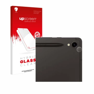 Parte frontal de un envase de producto con el logotipo de la marca upscreen. Al lado se muestra el dispositivo Samsung Galaxy 