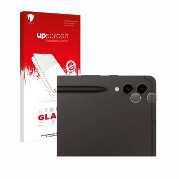 Parte frontal de un envase de producto con el logotipo de la marca upscreen. Al lado se muestra el dispositivo Samsung Galaxy 