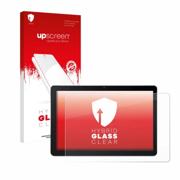 Parte frontal de un envase de producto con el logotipo de la marca upscreen. Al lado se muestra el dispositivo Acer Iconia Tab