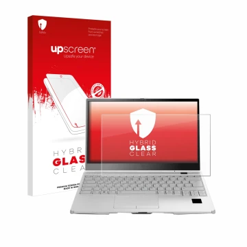 Parte frontal de un envase de producto con el logotipo de la marca upscreen. Al lado se muestra el dispositivo Fujitsu Lifeboo