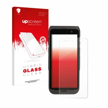 Parte frontal de un envase de producto con el logotipo de la marca upscreen. Al lado se muestra el dispositivo Honeywell CT47 