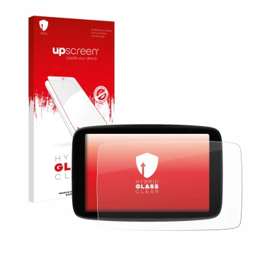Parte frontal de un envase de producto con el logotipo de la marca upscreen. Al lado se muestra el dispositivo TomTom GO Exper