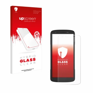 Parte frontal de un envase de producto con el logotipo de la marca upscreen. Al lado se muestra el dispositivo Zebra TC27 con 