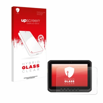 Parte frontal de un envase de producto con el logotipo de la marca upscreen. Al lado se muestra el dispositivo Zebra ET65 con 