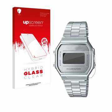 Parte frontal de un envase de producto con el logotipo de la marca upscreen. Al lado se muestra el dispositivo Casio A168WEM-7